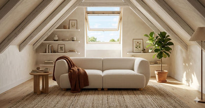 Sofa CAVA 230 von Oot-Oot in einer gemütlichen Dachwohnung vor einem geöffneten Schrägfenster, Bild: KI-generiert