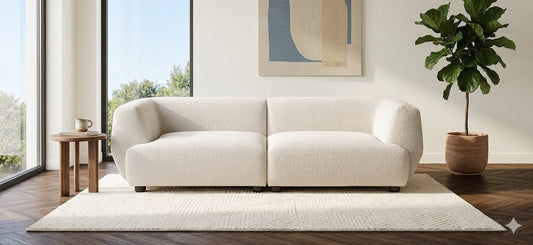 Sofa CAVA 270 von Oot-Oot auf einem hellen Teppich in einer modernen Wohnung, Bild: KI-generiert