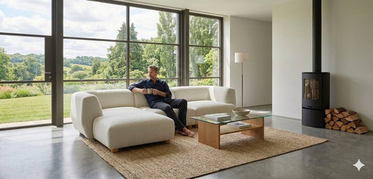 Sofa CAVA 310 mit Chaiselongue von Oot-Oot in einem modernen WOhnzimmer mit Kaminofen und Blick in den Garten; Bild: KI-generiert