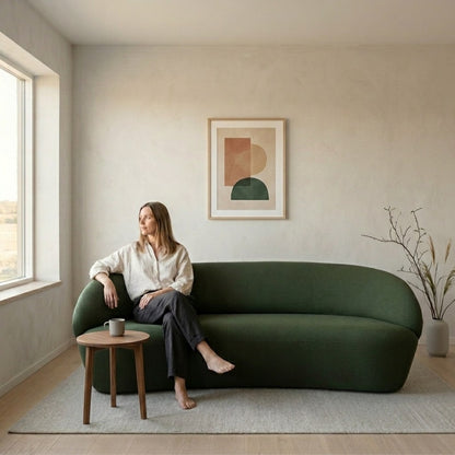 Junge Frau sitzt entspannt auf dem Dreisitzer-Sofa NAIVE von EMKO in einem modern eingerichteten Wohnzimmer, Bild: KI-generiert