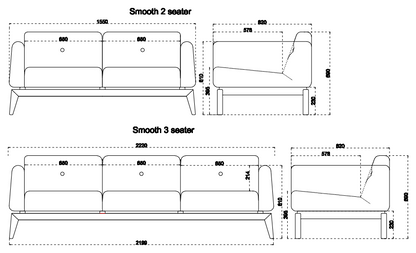 Konstruktionszeichnung Sofa Smooth (2-Sitzer und 3-Sitzer), Hersteller: Tarmeko