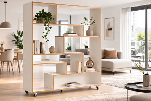 Regal und Raumteiler Southbury in Weiß des estnischen Herstellers Woodman in einem modern eingerichtetem Wohnzimmer