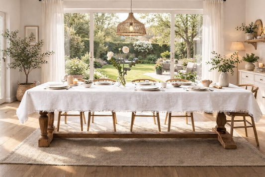 Weiße Tischdecke aus 100% Leinen mit Fransen von Linen Tales auf einem rustikalen Holztisch in einem hellen Esszimmer mit Blick in den Garten - Bild: KI-generiert