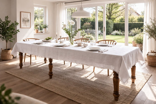 Leinentischdecke Weiß mit Fransen von Linen Tales auf einem langen, gedeckten Holzisch in einem hellen Esszimmer mit Blick in den Garten - Bild: KI-generiert