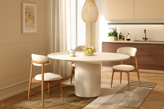 Runder Tisch Toscana in Beige Cashmere furniert, ausgezogen auf 160 cm in einem Esszimmer mit 4 Esszimmerstühlen, Hersteller: Woodman