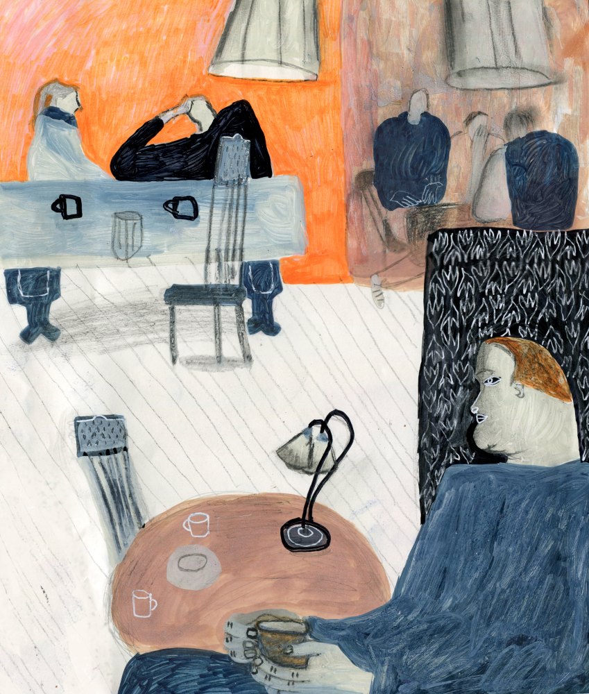 Original Mixed-Media-Kunstwerk "Café in Pärnu" von Natalia Mirzoyan. Mischtechnik aus Ölpastellkreide, Bleistift, Tusche und Acryl auf Papier, Größe ca. 20 x 30 cm. Zeitgenössische, expressive Zeichnung mit atmosphärischer Wirkung.