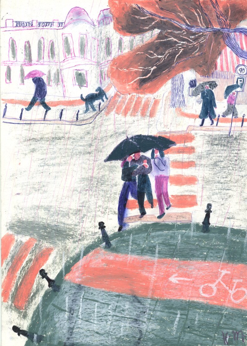 Original Mixed-Media-Kunstwerk "Rainy Bathimi" von Natalia Mirzoyan. Mischtechnik aus Ölpastellkreide, Bleistift, Tusche und Acryl auf Papier, Größe ca. 20 x 30 cm. Zeitgenössische, expressive Zeichnung mit atmosphärischer Wirkung.