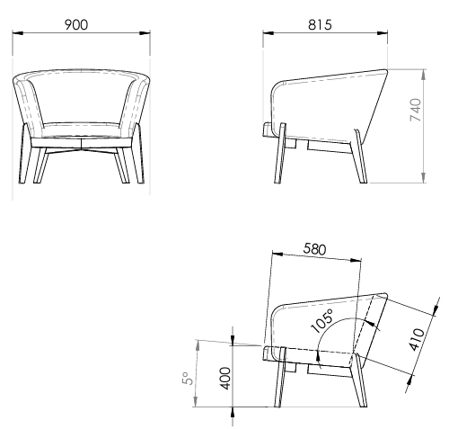 Maße Sessel CURVE in dänischem Design des estnischen Herstellers Tarmeko