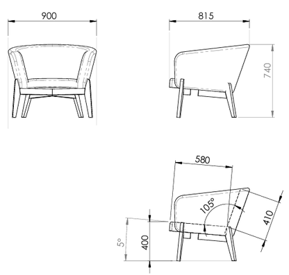 Maße Sessel CURVE in dänischem Design des estnischen Herstellers Tarmeko