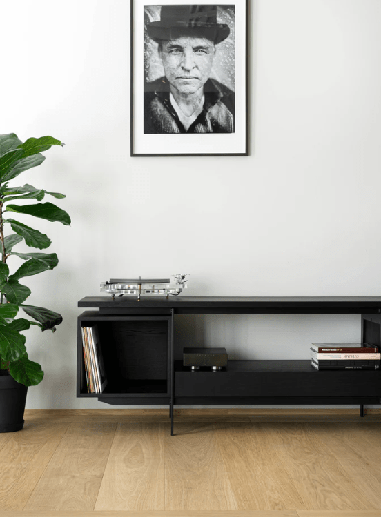 Teilansicht von Vinyl-Konsole CONTE in schwarz bgebizter Eiche mit Hifi-Anlage mit Pflanze daneben, Hersteller: Mint Furniture