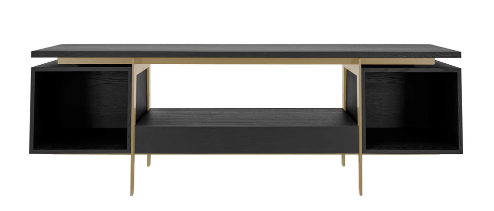 Vinyl-Konsole CONTE schwarz gebeizte Eiche mit gelbem Metallrahmen, Hersteller: Mint Furniture