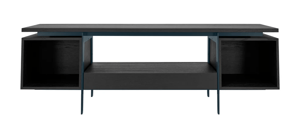 Vinyl-Konsole CONTE schwarz gebeizte Eiche mit blauem Metallrahmen, Hersteller: Mint Furniture